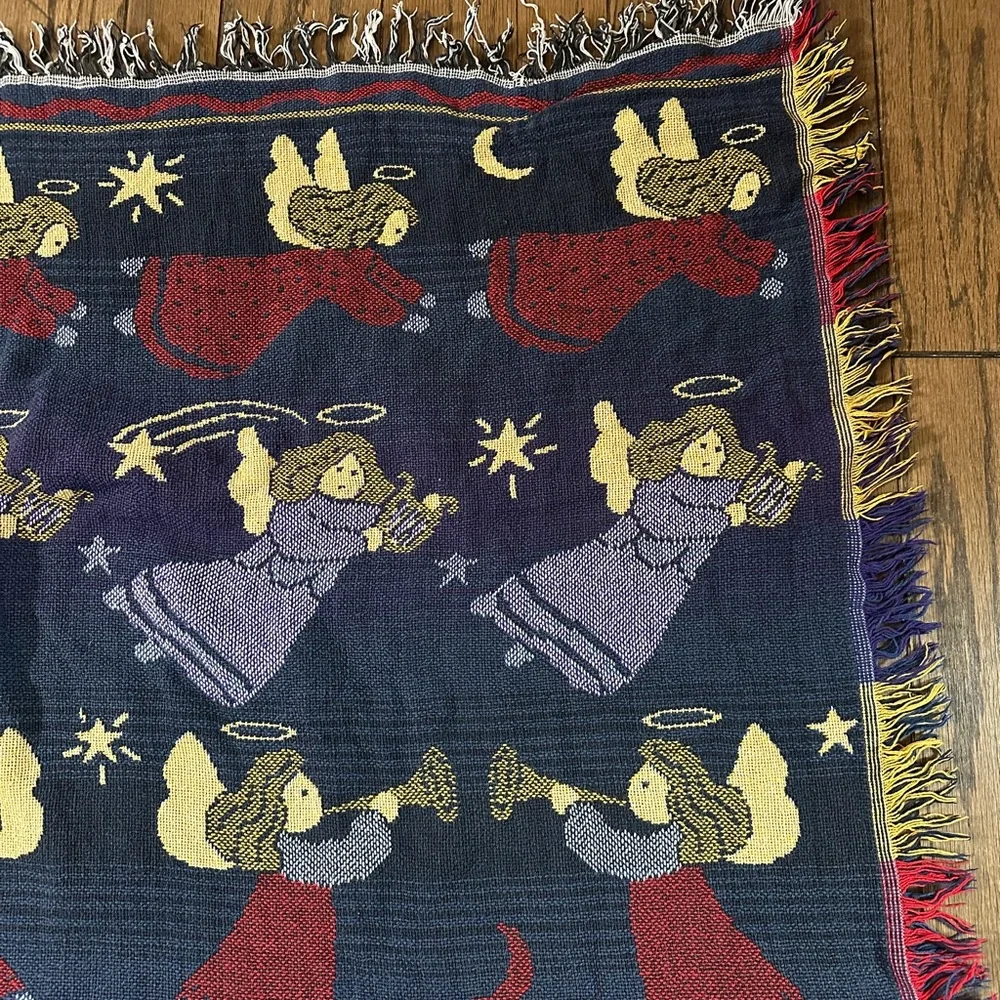 Vintage Angel Tapestry Throw Blanket Christmas Woven Fringe Nativity 44x55”